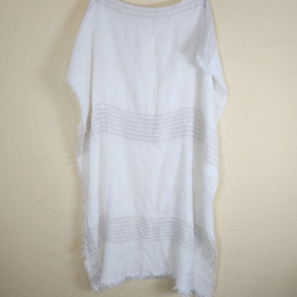 Unbranded‎ Large Soft White Shawl Wrap Scarf cheese cloth Fringe sequins sparkle